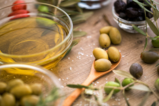 green olives and virgin olive oil.