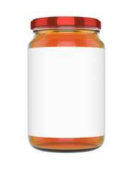 Fototapeta na wymiar 3D realistic render of honey jar mock-up. blank Label. Red lid.