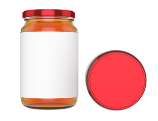 3D realistic render of honey jar mock-up. blank Label. Red lid.