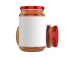 3D realistic render of honey jar mock-up. blank Label. Red lid.