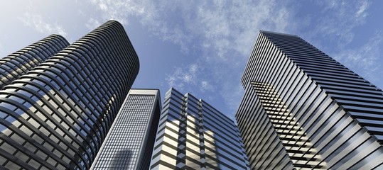 Skyscrapers. Panorama of modern high-rise buildings against the sky.
3D rendering
