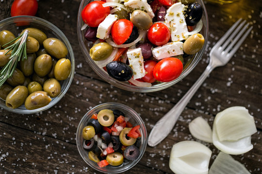 Greek salad with fresh vegetables and olives. Healthy fresh vegetarian food.