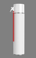 3D realistic render of small contstruction foam can. With white lid, transparent spray nozzle and red hose. Isolated on gray background.