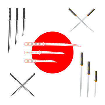 Japanese Samurai Swords - Colorful and Monochrome. Vector Design Elements Set for You Design, Sushi Menu