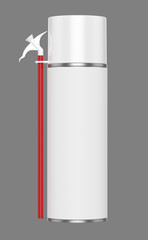 3D realistic render of small contstruction foam can. With white lid, transparent spray nozzle and red hose. Isolated on gray background.