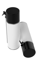 3D realistic render of small contstruction foam can. With black lid, black spray nozzle and transparent hose. Isolated on white background.