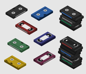 Colorful VHS video tape cassette isometric; Pile of VHS shown from different sides flat design 