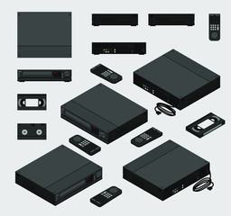 Isometric Vintage Black VCR; Old Video Cassette Recorder with remote control and VHS tape shown from different sides flat design; 