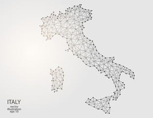 A map of Italy consisting of 3D triangles, lines, points, and connections. Vector illustration of the EPS 10.