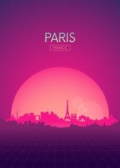 Naklejka premium Podróże ilustracje wektorów plakat, futurystyczny retro skyline Paryż