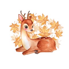 Fototapeta premium Baby Deer. Cute fawn. Autumn illustration