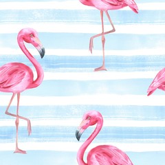 Tropical bird. Pink flamingo. Watercolor seamless pattern 4