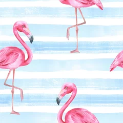 Afwasbaar Fotobehang Flamingo Tropische vogel. Roze flamingo. Aquarel naadloos patroon 4