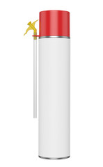 3D realistic render of big contstruction foam can. With red lid, yellow spray nozzle and transparent hose. Isolated on white background.