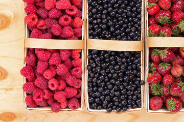 fresh raspberry currant berries and strawberries in baskets