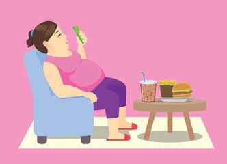 Fat woman using Smartphone on a chair and fast food on table. Illustration about unhealthy lifestyle.
