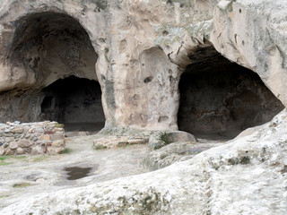 Ancient cave hall in Uplistsikhe rock-hewn town, Georgia