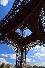 The iconic Eiffel Tower in Paris, as taken from underneath on a spring day