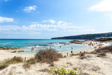 Fototapeta na wymiar Pristine and emerald coast watercolor beach of Formentera Island in the mediterranean sea, Balearic Island, in front of Ibiza Island. Unesco World Heritage site. Ses Illettes 
