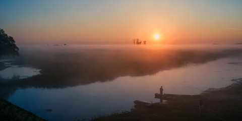 Biebrza Natural Park - foggy sunrise over Biebrza river. 