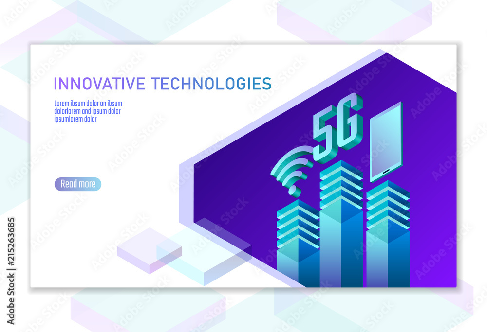 Poster 5g new wireless internet wifi connection. smartphone mobile device isometric blue 3d flat. global ne