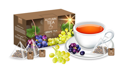 Grapes tea Vector realistic. Product packaging mock up. Cup of tea and tea bags detailed 3d illustrations