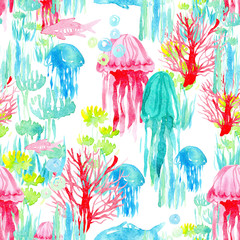 Illustration of seamless pattern with watercolor marine life, colorful seaweed, fish, jellyfish, bubbles