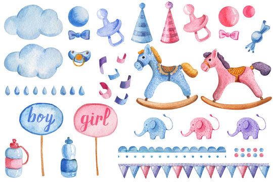 A colorful set of children's illustrations. Accessories and toys for children's parties