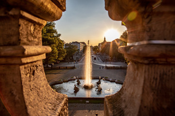 fountain in sunset, münchen, germany, munich