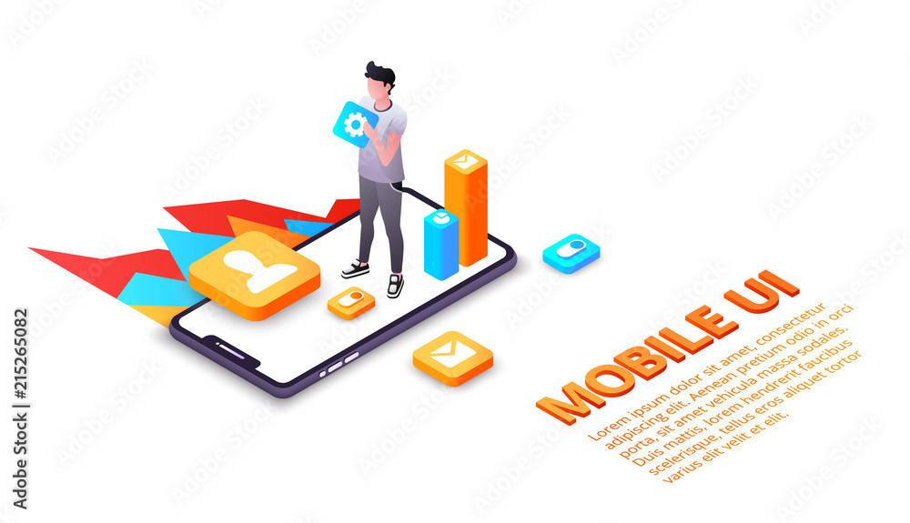 Fototapete mobile ui vector illustration of smartphone user interface or ux applications on display. isometric 