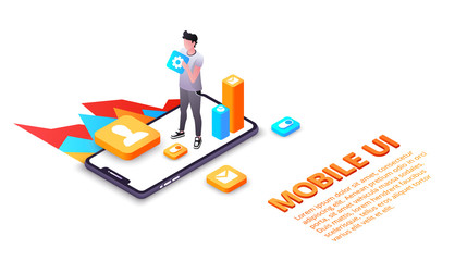 Mobile UI vector illustration of smartphone user interface or UX applications on display. Isometric design of web apps development for internet communication and smart devices