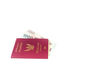 A passport of Thailand and a banknote isolate on white background with copy space, Traveling concept.