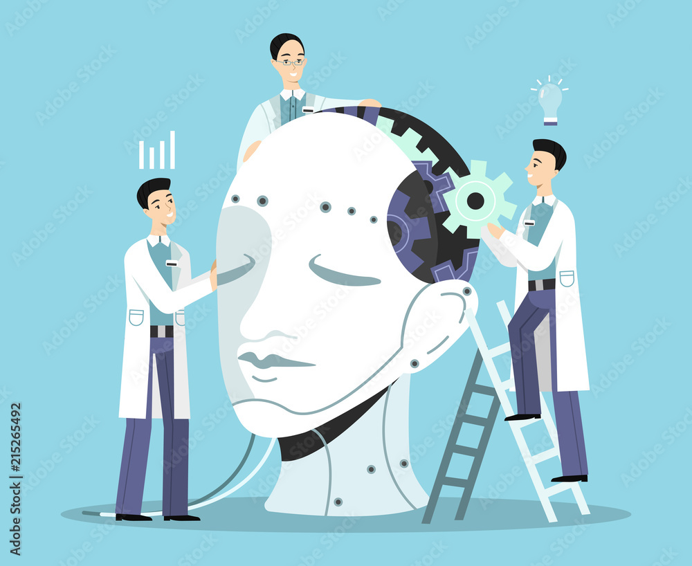 Poster artificial intelligence vector illustration of scientists men building human head with cogwheels and