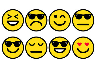 Summer yellow smileys in sunglasses, emoticons icon positive, neutral and negative, different mood. Vector illustration