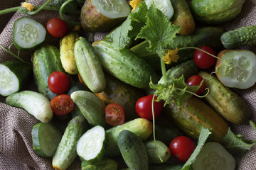 a bunch of fresh rural home-made big cucumbers from above