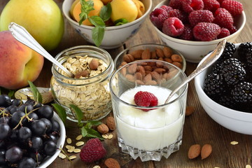 Cereals, almonds and various berries for breakfast, healthy nutrition
