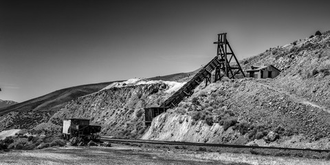 Antique Mine Head and Ore Car in Black and White
