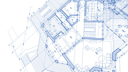 Architecture design: blueprint plan - illustration of a plan modern residential building / technology, industry, business concept illustration: real estate, building, construction, architecture