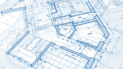 Architecture design: blueprint plan - illustration of a plan modern residential building / technology, industry, business concept illustration: real estate, building, construction, architecture © Uladzimir