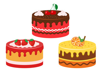 Set of fruit cakes. Strawberry, cherry and citrus. Vector illustration
