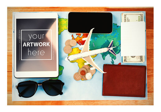 Tablet with Travel Items Mockup