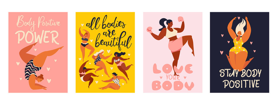 Feminism body positive vertical cards with love to own figure, female freedom, girl power isolated vector illustration.