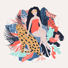 Black Hair Tropical Girl with Cheetah. Summer paradise in tropical jungles with wild animal, beautiful girl, and fantastic florals. © lidiebug
