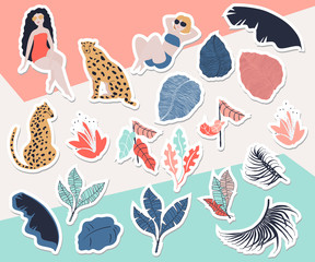Tropical Girls with Cheetah sticker collection. Summer paradise in tropical jungles with wild animal, beautiful girl, and fantastic florals. © lidiebug