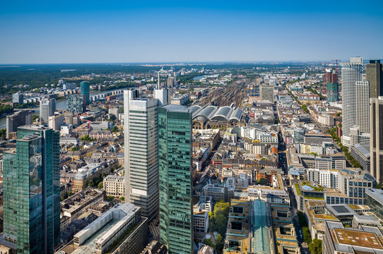 Aerial view  of the financial district in Frankfurt, Germany.