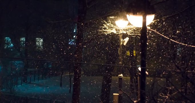 Street Lantern and Night Snowfall. Street city lights illuminate the slowly falling snow. Filmed at a speed of 120fps