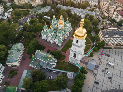 Aerial view of Sofievskaya Square and St. Sophia Cathedral in Kiev, Ukraine. Tourist Sight. Ukrainian baroque