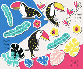Toucan bloemen sticker collectie. Zomerparadijs in tropische jungles met prachtige vogels en fantastische bloemen. Vector illustratie.