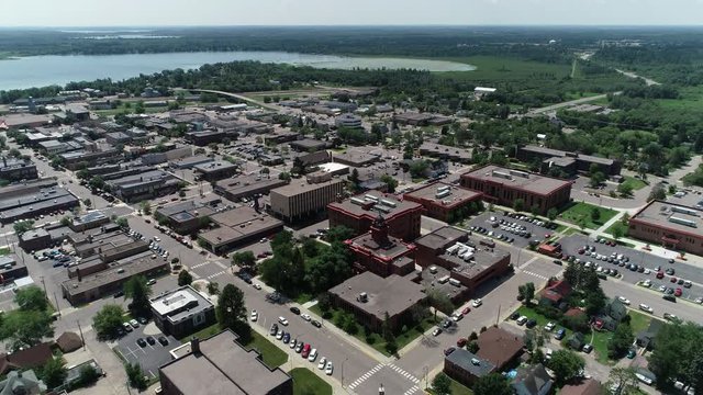 Drone aerial flying above small town Bemidji, Minnesota, USA. Prores file, shot in 4K.