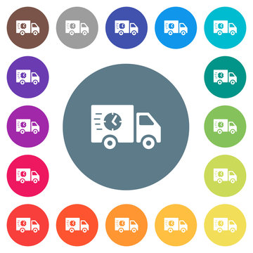 Fast delivery truck flat white icons on round color backgrounds